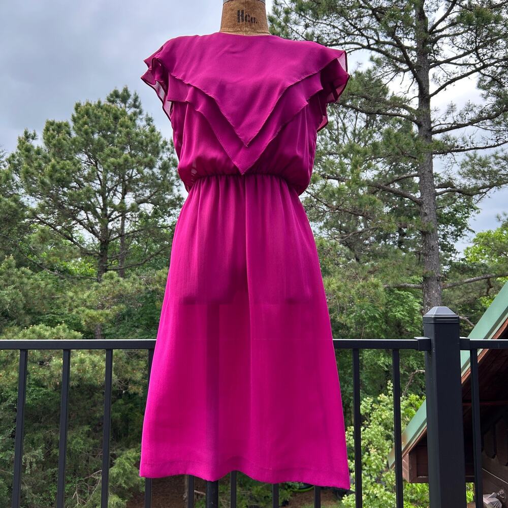 Vintage 80s Fuchsia Semi Sheer Tiered Fluttery Midi Secretary Dress S